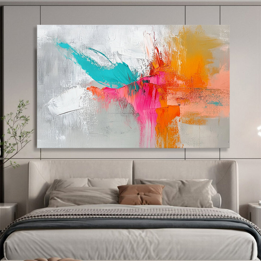 “Vibrant Color Clash” - Gray, teal, pink, orange; Dynamic abstract color strokes; Impasto Acrylic Painting On Canvas HB1206