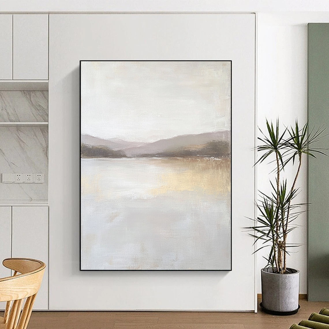 Contemporary abstract painting featuring a large lake in muted beige and gray tones with textured canvas and distant hills in the background. DLZ0415