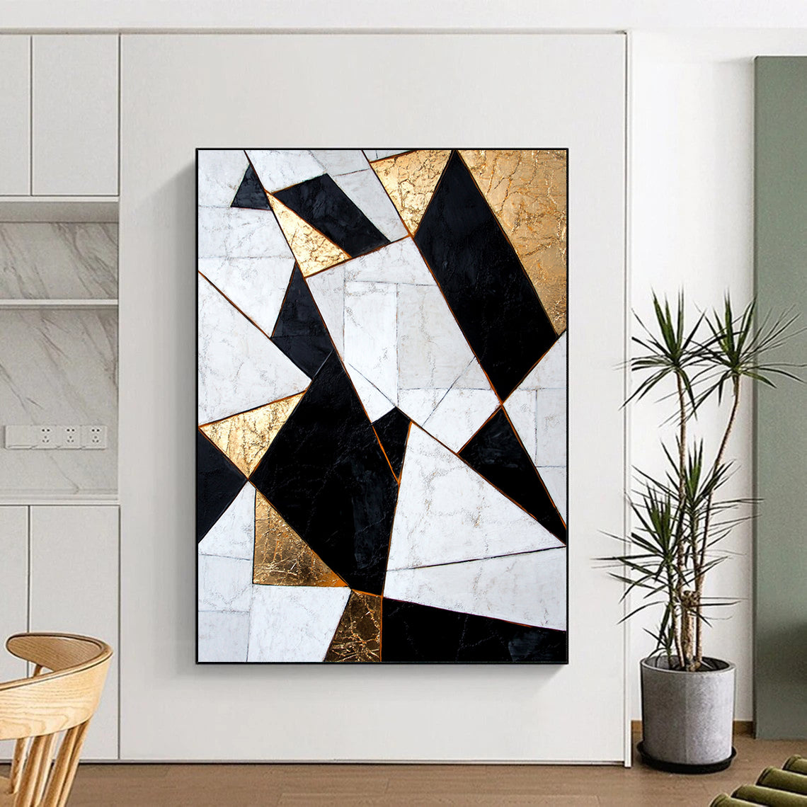 White, Black, Gold, Geometric Triangles "Gilded Geometry" Abstract Modernist Painting On Canvas HB076