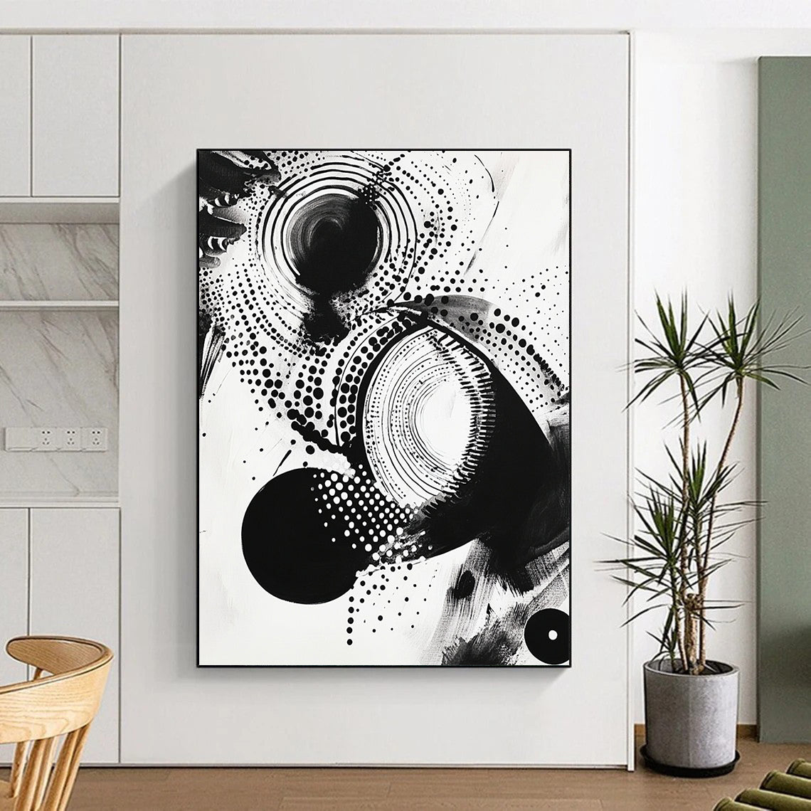 Black Circles, Dots & Curves on White - “Cosmic Ink Patterns” Painting On Canvas HB222
