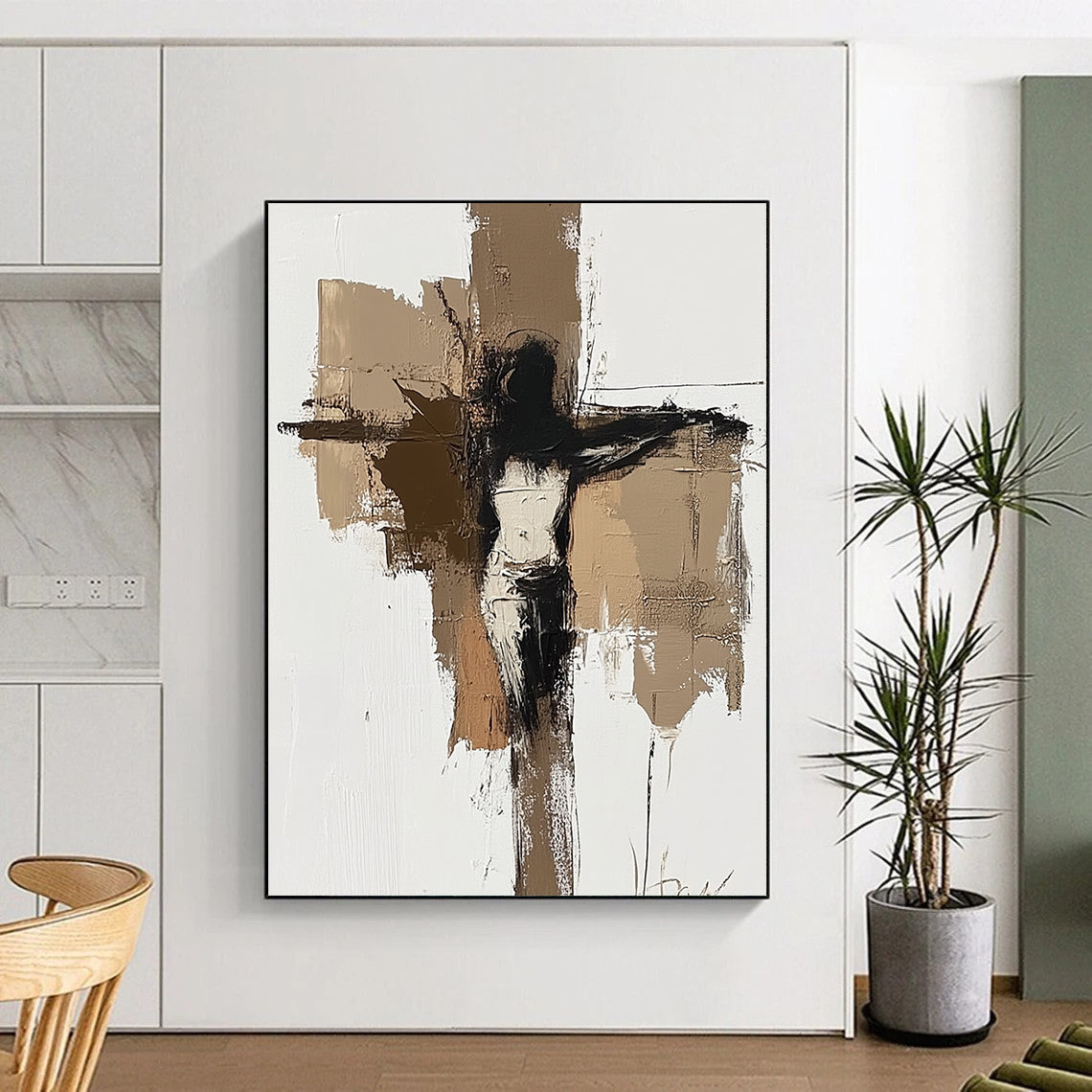 Contemporary abstract painting featuring earthy tones with a minimalist depiction of Jesus on the cross on a white background. DLZ0872