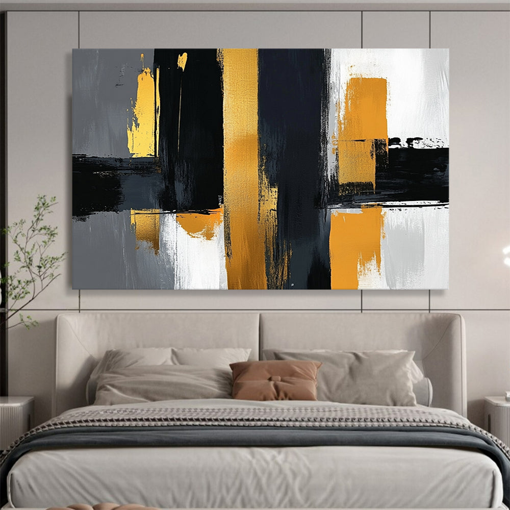 “Geometric Gold - Black Columns” - Gold, Black, Gray, Geometric Columns Painting On Canvas HB0807