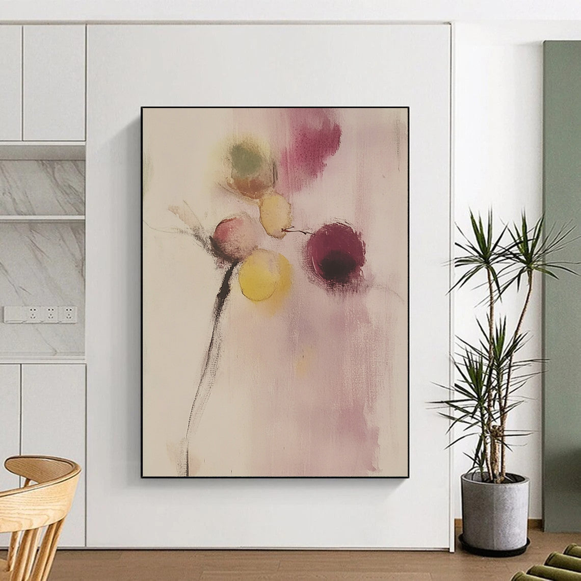 Contemporary abstract painting featuring delicate flowers and fruits in soft colors on a pale pink background reminiscent of Zao Wou-Ki and Jean Cocteau. DLZ0815