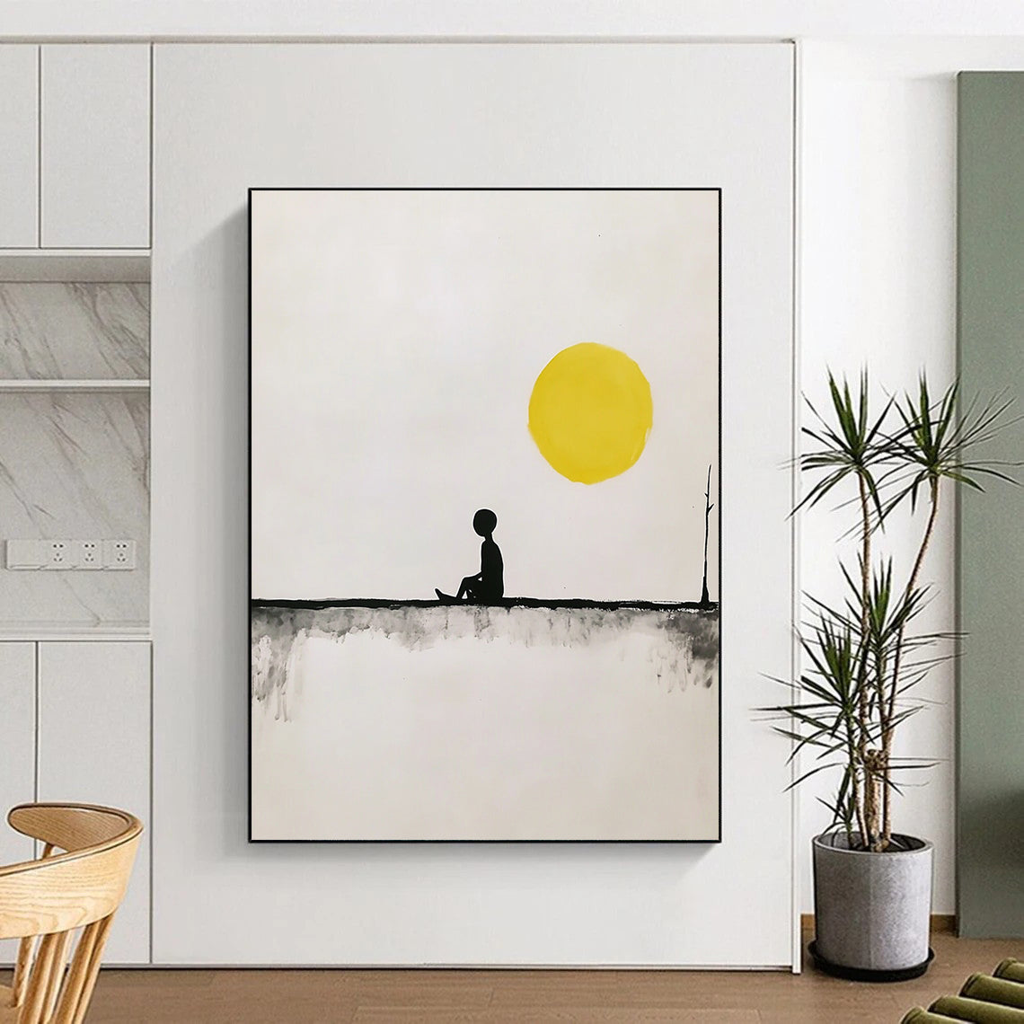 Contemporary hand-painted abstract art featuring a minimalist fisherman on a line under a yellow sun with simple shapes in black and gray tones. DLZ1635