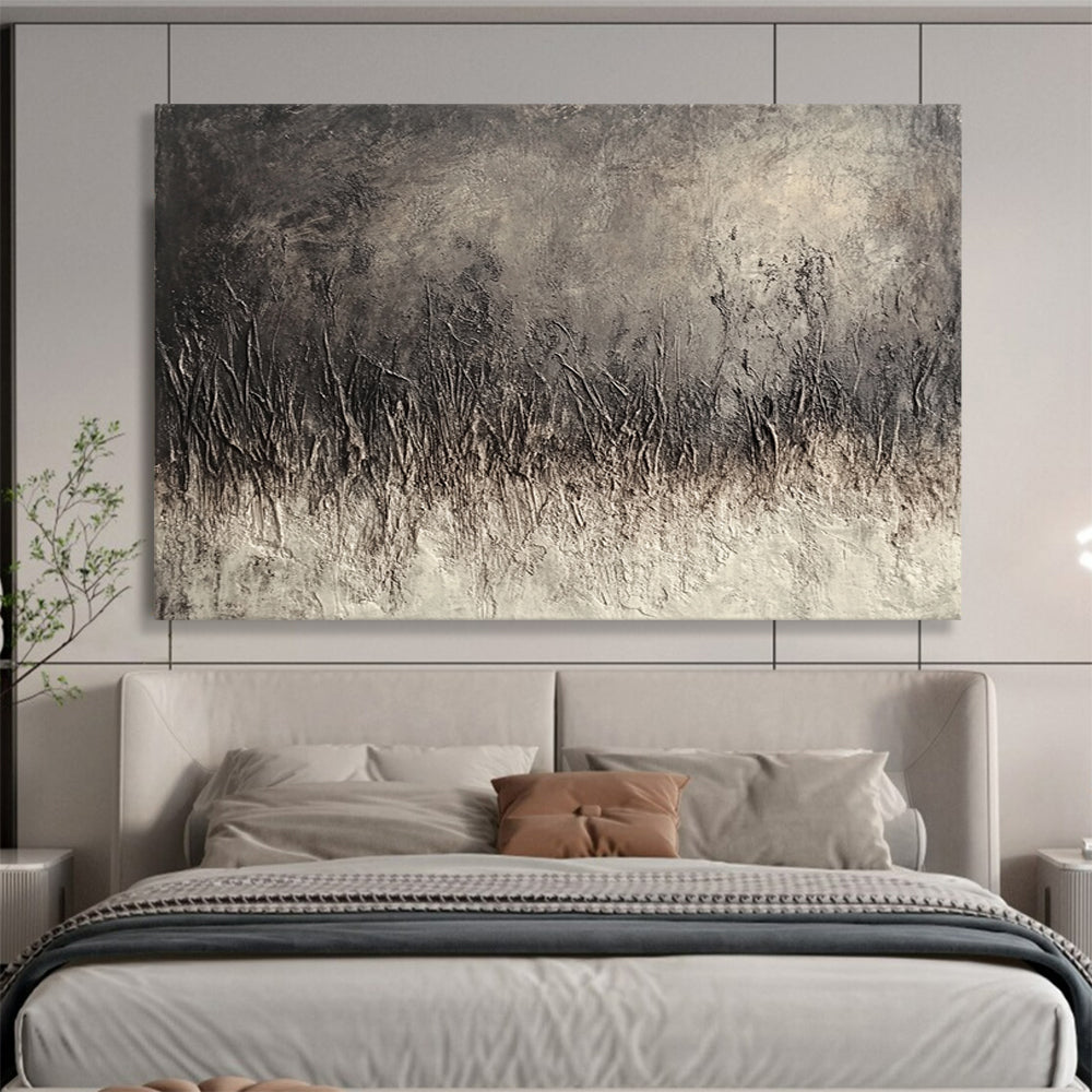 “Textured Gray Field” - Dark gray texture, grass - like forms, Textural Abstract Painting On Canvas HB0557