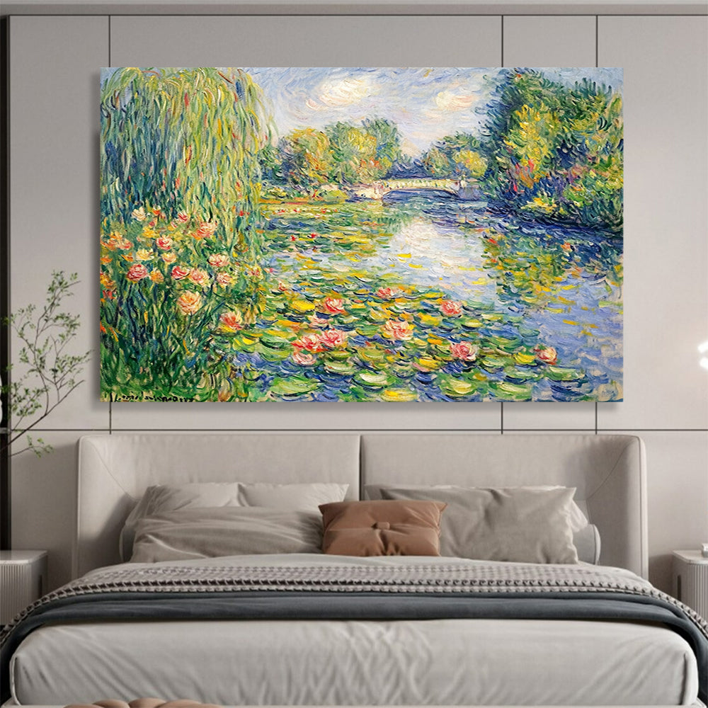 “Monet - Style Water Lilies” - Green, Blue, Pink, Classic Water Lily Scene - Impressionist Oil Painting HB1674