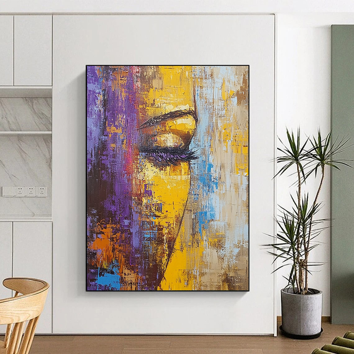 Contemporary hand-painted abstract artwork featuring textured palette knife techniques and vibrant hues of brown yellow purple and blue in an old cityscape. DLZ0581