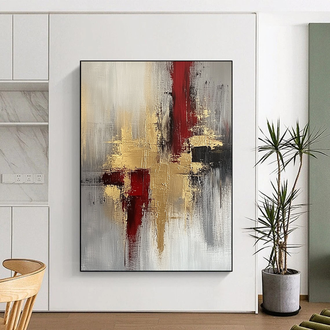 Contemporary hand-painted abstract artwork featuring a beige and red palette enhanced with gold foil accents for a striking visual appeal. DLZ0696