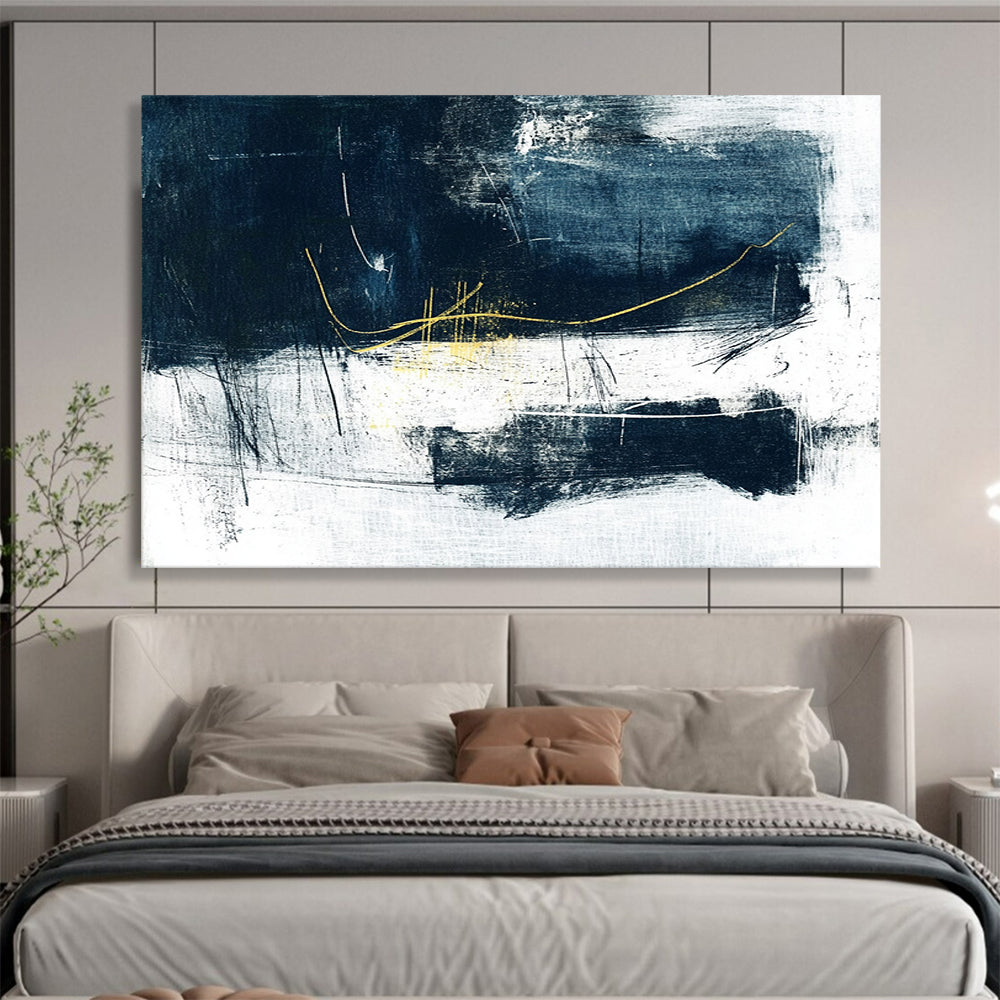 “Navy - Gold Abstract Strokes” - Navy, Gold, White, Black with Expressive Lines - Abstract Acrylic HB1365