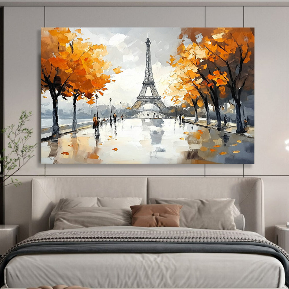 Gray, Orange, Blue and White Eiffel Tower Scene "Parisian Autumn" Painting On Canvas HB0665