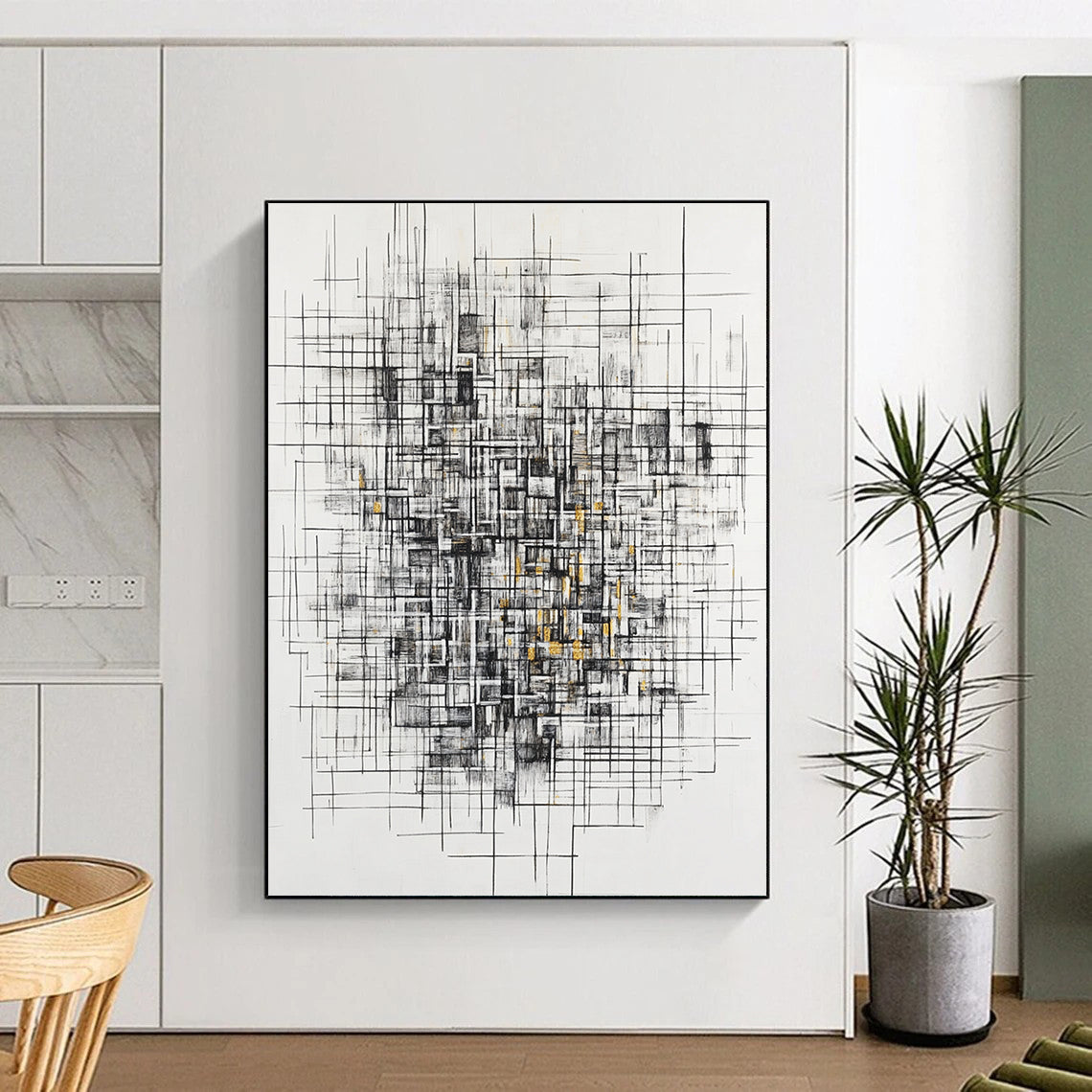 Black, White, Gray, Gold, Tangled Linework "Gilded Chaos Weave" Abstract Expressionist Painting On Canvas HB126