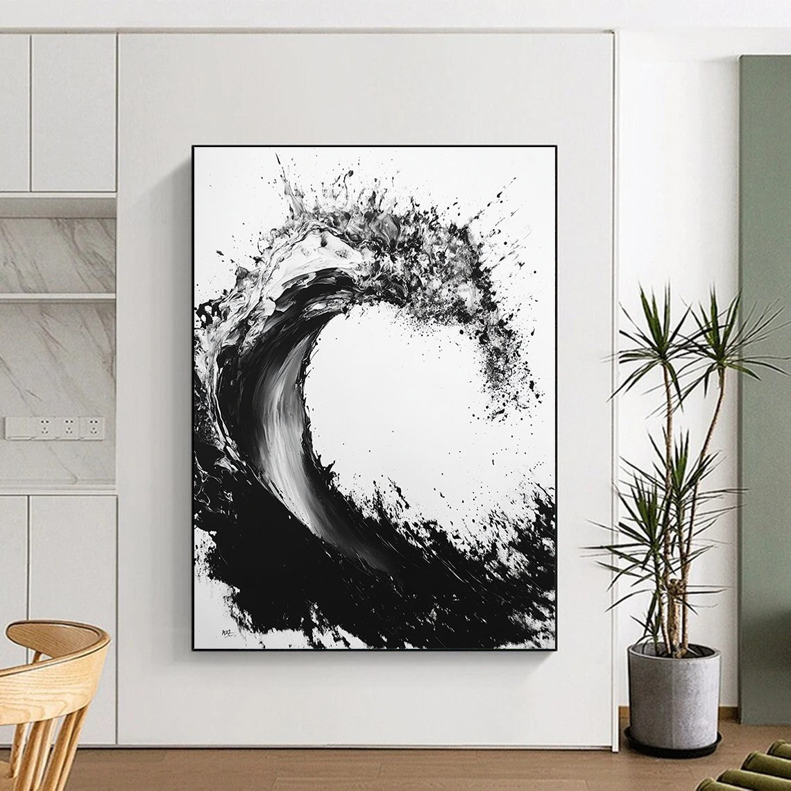Black & White Ink Wave - “Powerful Ocean Ink” Painting On Canvas HB235