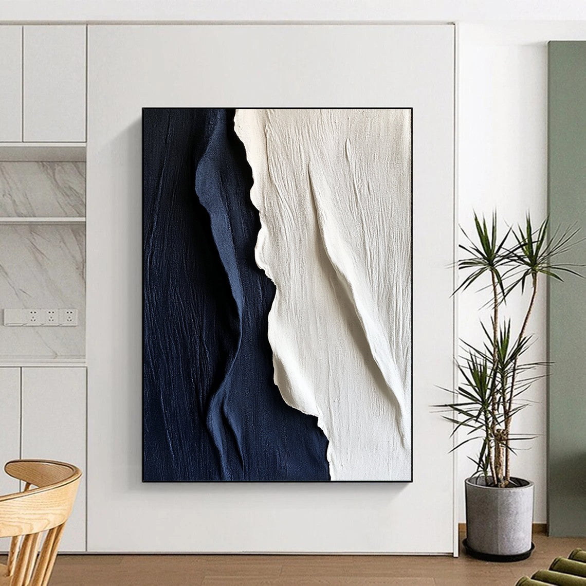 Contemporary hand-painted abstract artwork features textured white and navy blue silk, elegantly draping to create a striking visual impact on any wall. DLZ1250