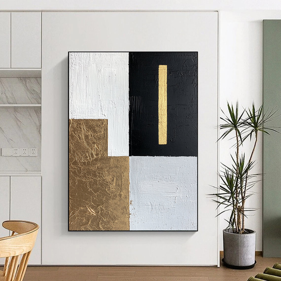 White, Black, Gold, Light Gray with Geometric Blocks "Elegant Division" Abstract Painting On Canvas HB011