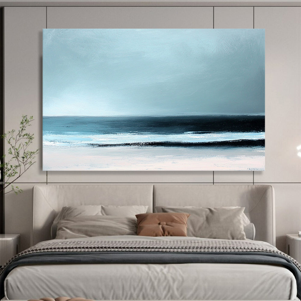 “Minimalist Beach Horizon” - Light blue, black, white; Abstract beach scene; Soft Acrylic Painting On Canvas HB1189