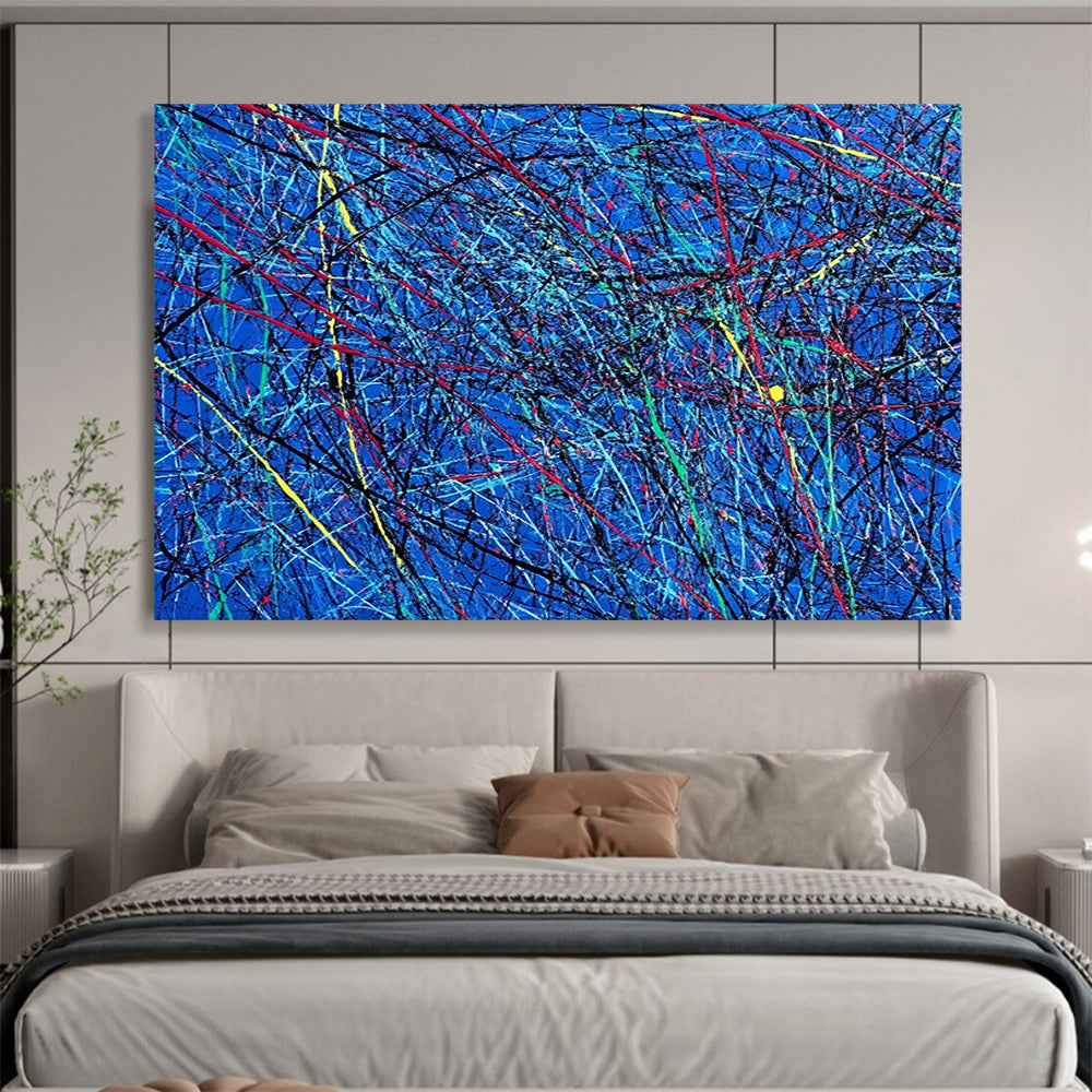 “Blue Abstract with Colorful Tangled Lines” - Blue, Red, Yellow, Green, Tangled Lines Painting On Canvas HB0829