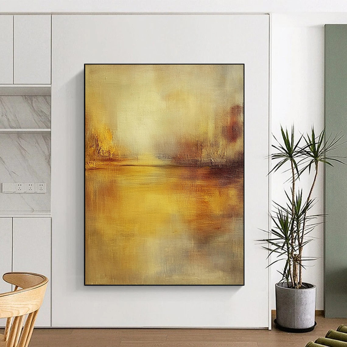 Contemporary hand-painted abstract artwork featuring muted tones, soft brushstrokes, and a tranquil water reflection illuminated by golden hour light. DLZ0420