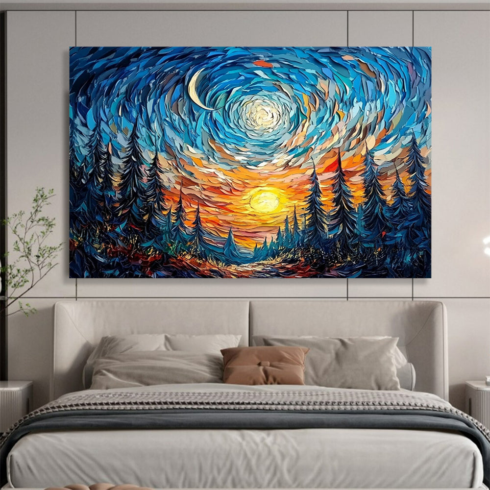 “Swirling Starry Forest” - Blue, Orange, Yellow, Abstract Starry Night Landscape Painting On Canvas HB1114