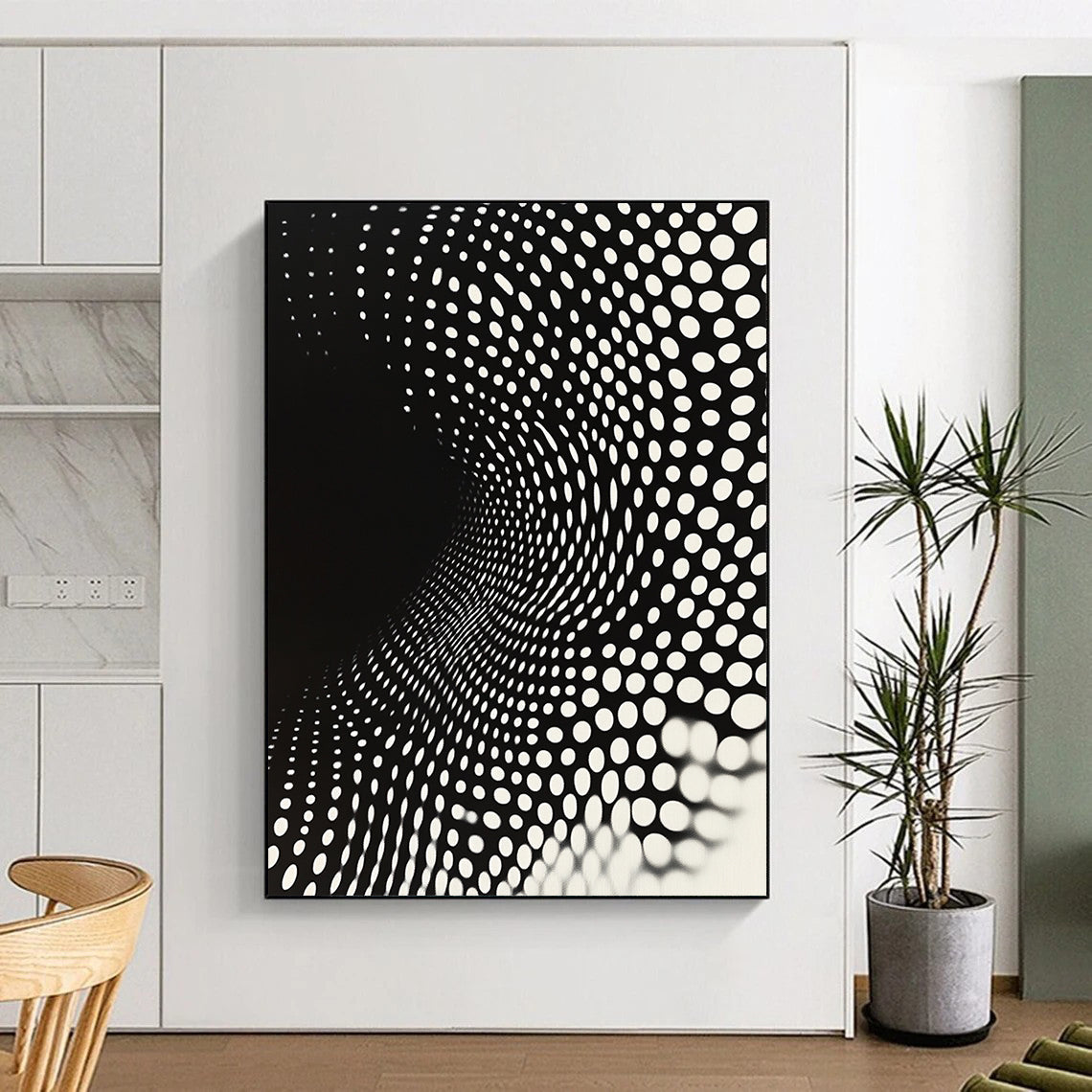 Black and White Dot Tunnel "Perceptual Path" Painting On Canvas HB264