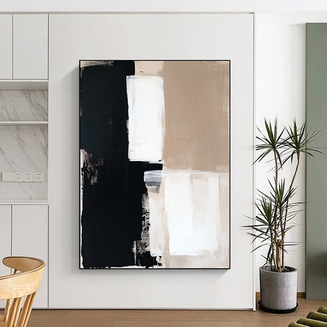 Contemporary hand-painted abstract artwork in beige and black tones, featuring white squares on a clean white background, perfect for modern decor. DLZ0694