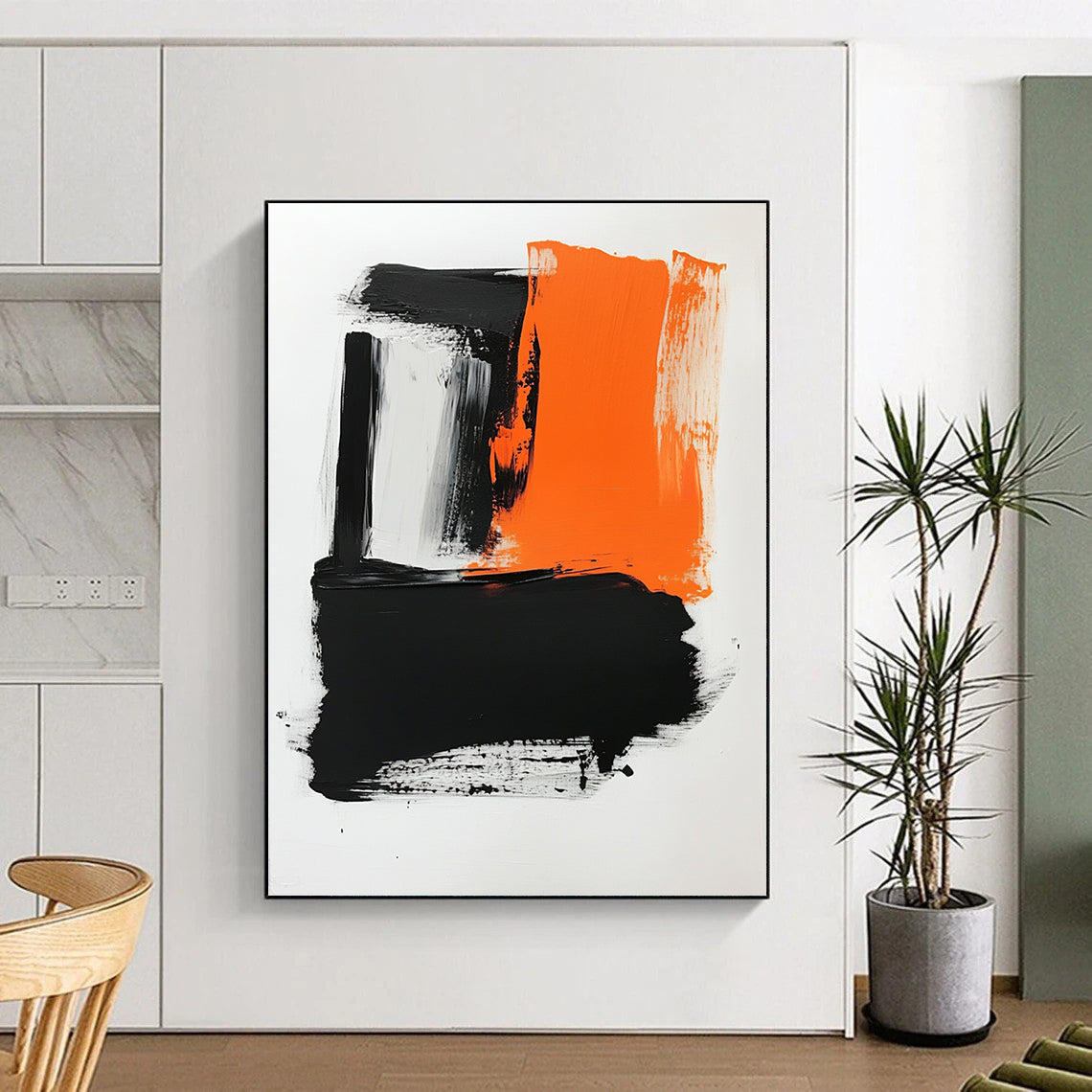 Contemporary hand-painted abstract artwork featuring a white background, vibrant orange and black hues, bold brush strokes, and striking negative space. DLZ0433