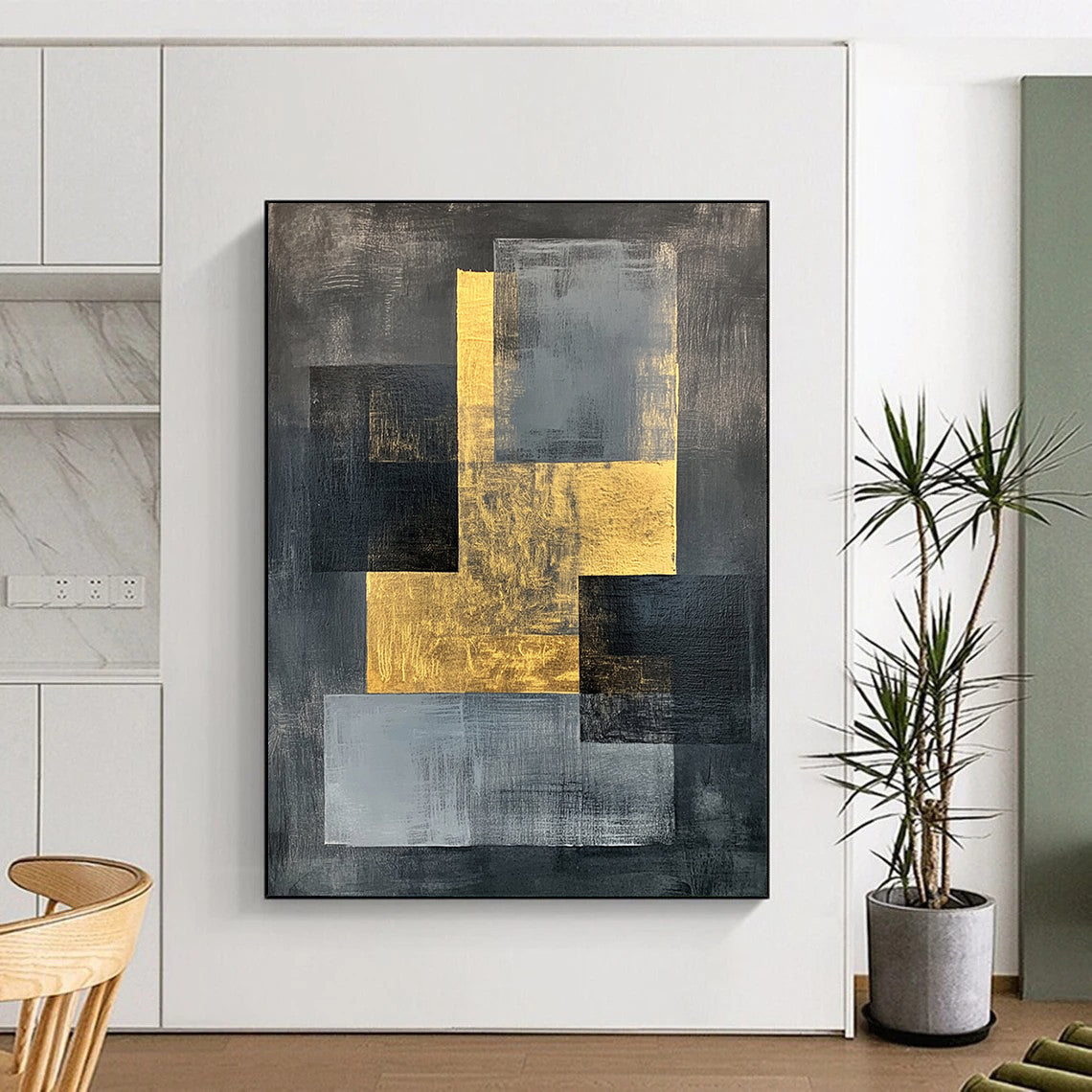 Gray, Black, Gold and White Geometric Fusion "Balanced Fusion" Painting On Canvas HB348