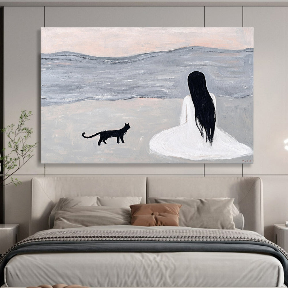 “Woman and Cat by the Sea” - A woman and a black cat sitting by the sea, Minimalist Figurative Painting On Canvas HB0554