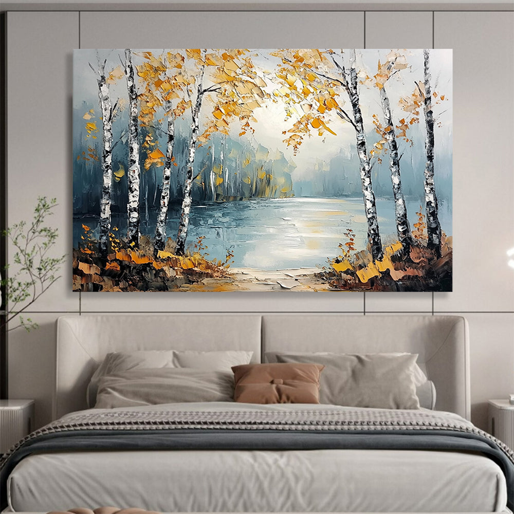 “Autumn Birch Lake” - Yellows, Blues, Whites, Birch Trees by a Lake in Autumn - Textured Oil Painting HB1707