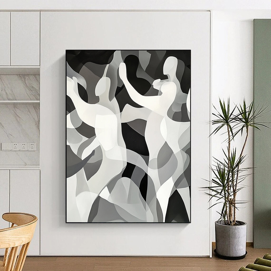 Black, White, Gray, Dancing Figures "Gilded Dance" Abstract Cubist - Inspired Painting On Canvas HB146