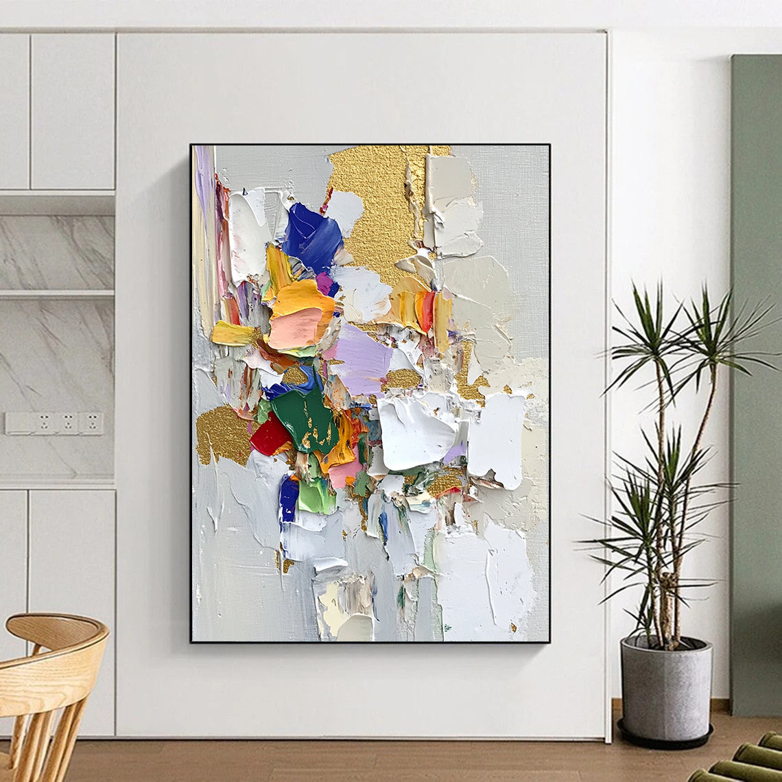 Contemporary abstract artwork featuring palette knife textures thick brush strokes and vibrant fabric pieces on textured paper with gold leaf highlights. DLZ0716