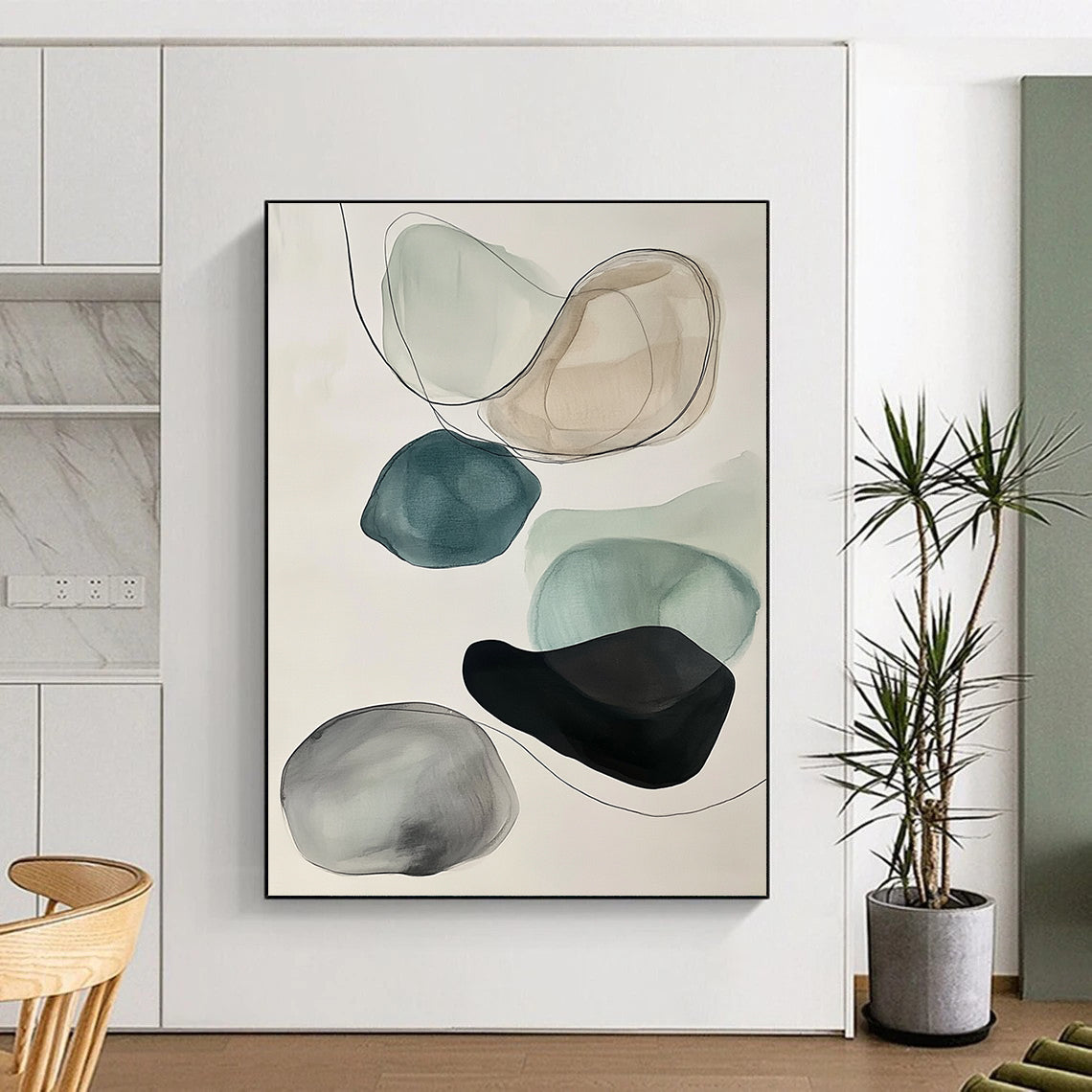 Contemporary abstract art featuring muted colors, black ink outlines, floating rocks in gray and teal on a white background. DLZ0796