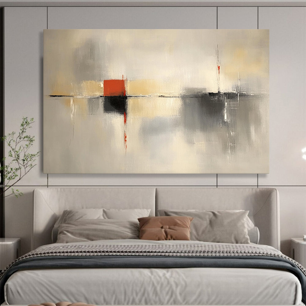 “Gray and Red Abstract Composition” - Gray, beige, white, red; Abstract composition with geometric elements; Acrylic Painting On Canvas HB1283