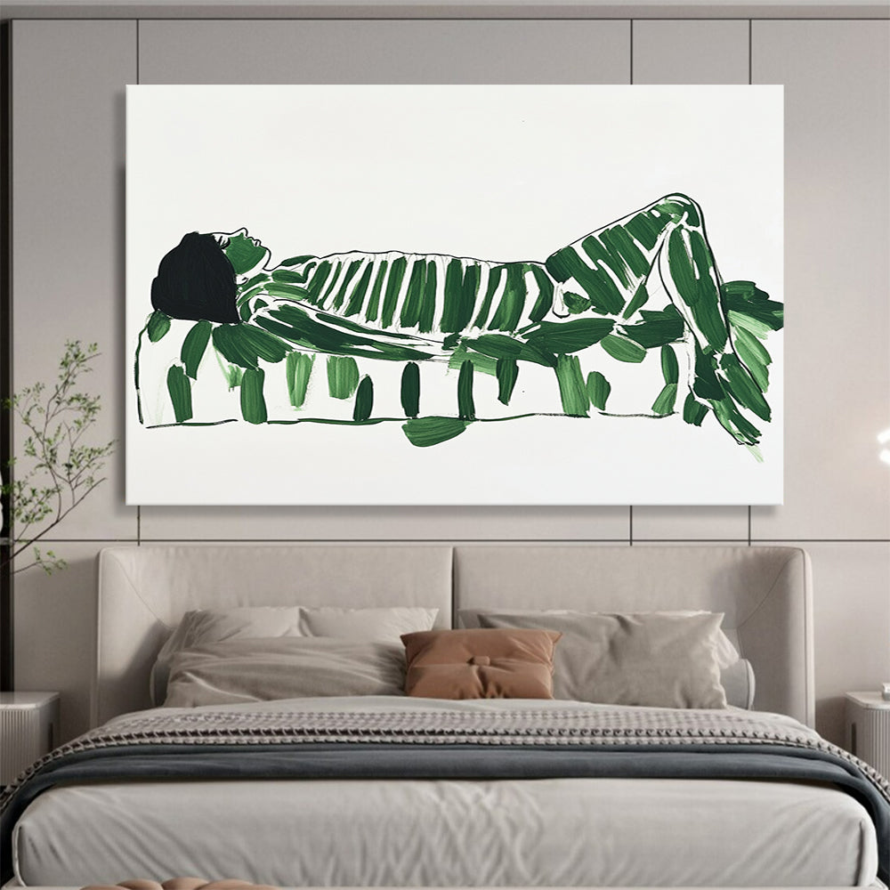 “Green - Leafed Figure” - Green leaves, black lines, Figurative Abstract Painting On Canvas HB0559