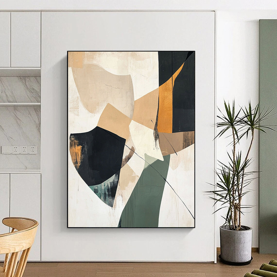 Large contemporary abstract painting featuring beige black and green shapes on a white background with minimalistic collage-like elements and soft atmospheric effects. DLZ1039