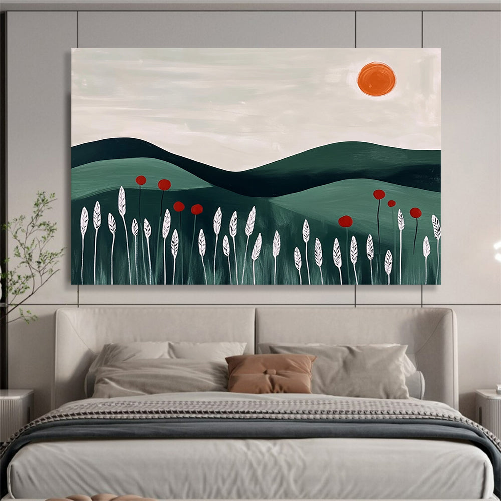 “Minimalist Green Hills” - Blocky green hills, white plants, and an orange sun, Minimalist Landscape Painting On Canvas HB0547