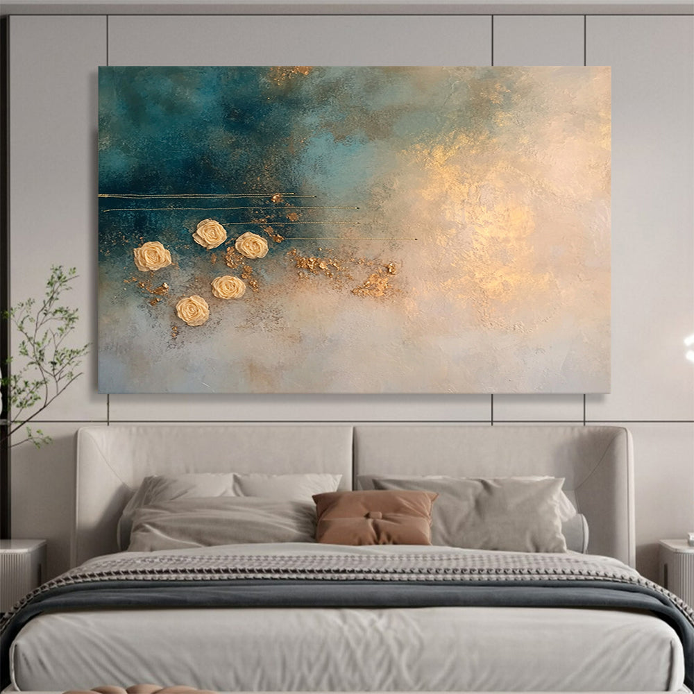 “Blue and Gold Textured Abstract with Flowers” - Blue, Gold, Beige, Textured Flowers and Lines - Mixed Media Art HB1645