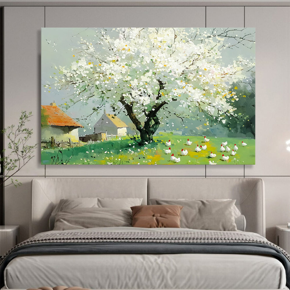 “Blossoming Tree & Farm Scene” - White blossoms, green field, farmhouses, Impressionist Landscape Painting On Canvas HB0597