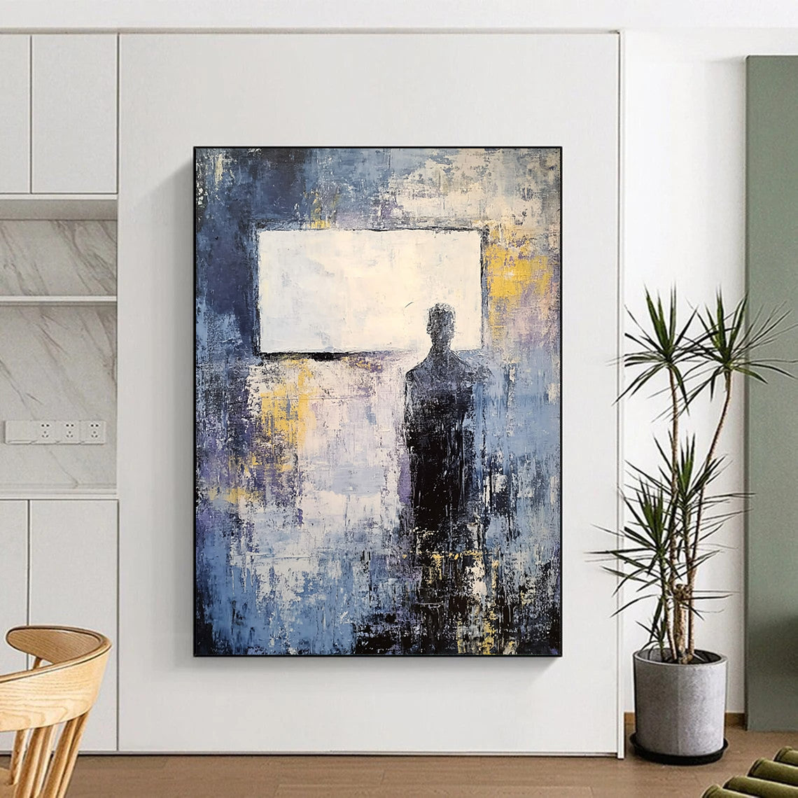 Large contemporary abstract painting featuring soft gray and blue tones with yellow accents and a vintage white rectangle on a dark grungy background. DLZ0503