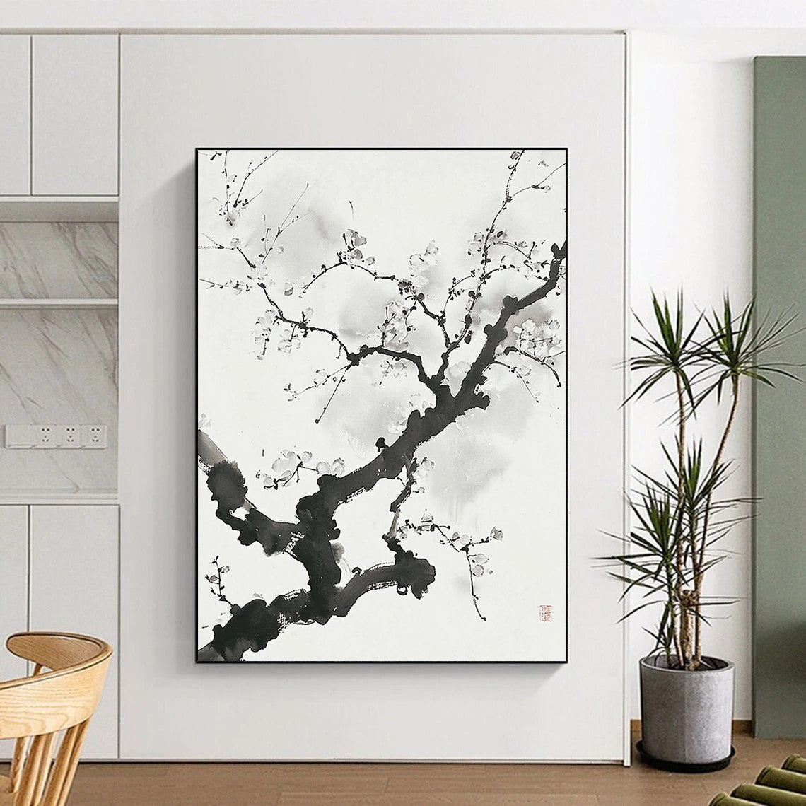 Black and White Ink - style Plum Blossom "Serene Bloom" Painting On Canvas HB322
