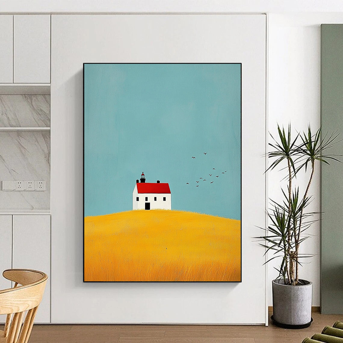 Contemporary abstract art showcasing a lighthouse, yellow fields, birds, and a white house with a red roof, conveying calmness and serenity. DLZ1298
