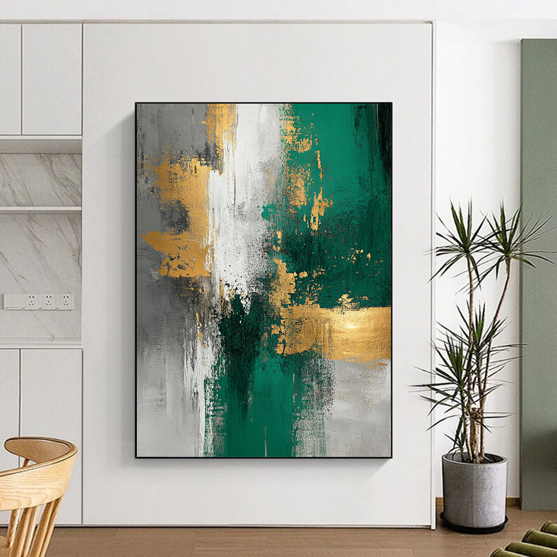 Large contemporary abstract painting featuring gold foil texture emerald green and white tones on light gray background with elegant composition and soft lighting. DLZ0273