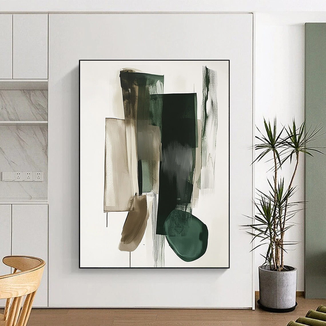 Abstract contemporary hand-painted artwork showcases geometric shapes in green and gray on a white background with a striking vertical line dividing the composition. DLZ0873