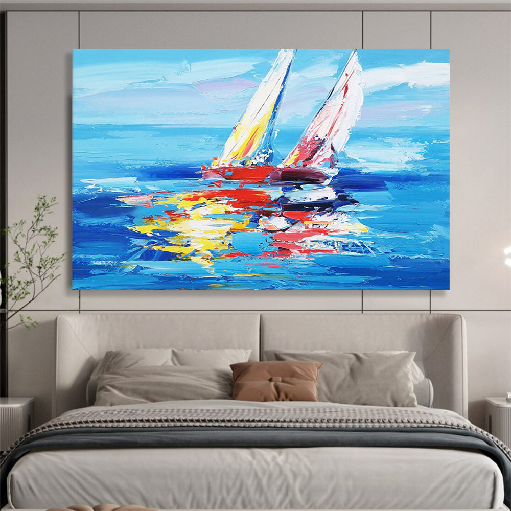 Colorful Sailboats on Blue Sea - Vibrant Coastal Living Room Art DLZ266