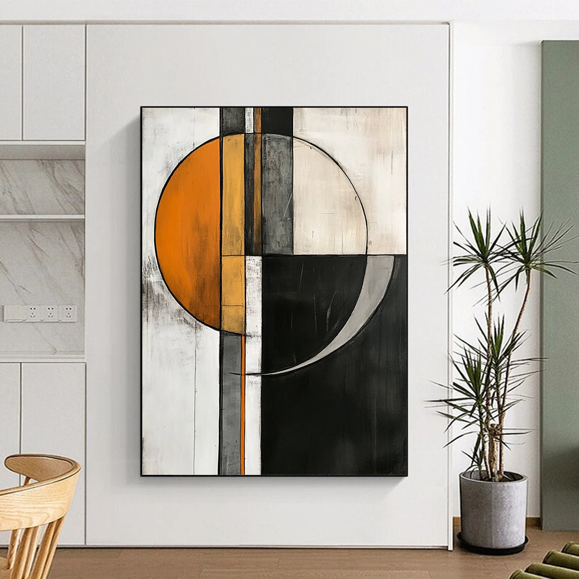 Contemporary abstract artwork featuring geometric shapes in orange, gray, and white on a striking black and white background. DLZ1017