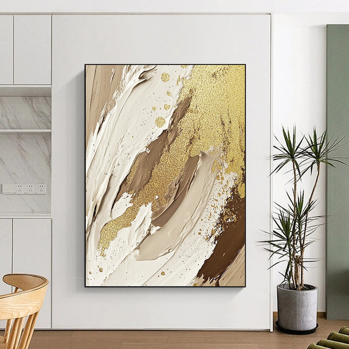 Large contemporary hand-painted abstract artwork featuring textures of cream, beige, and white with gold foil accents and glitter for an elegant touch. DLZ1188