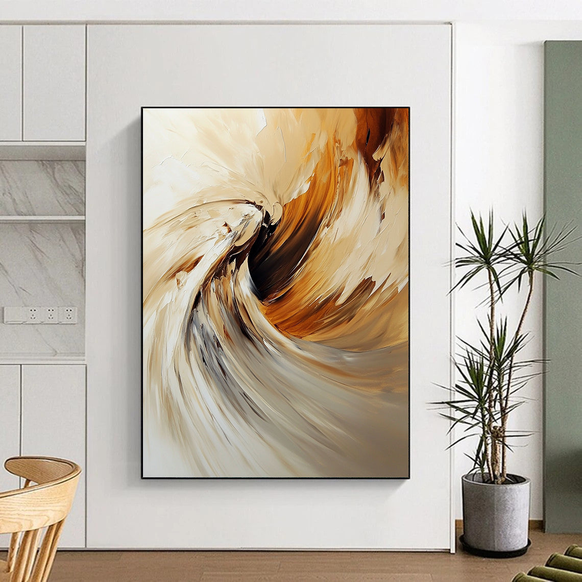 Contemporary abstract oil painting featuring an angel with swirling brush strokes in warm beige and brown tones. DLZ0450