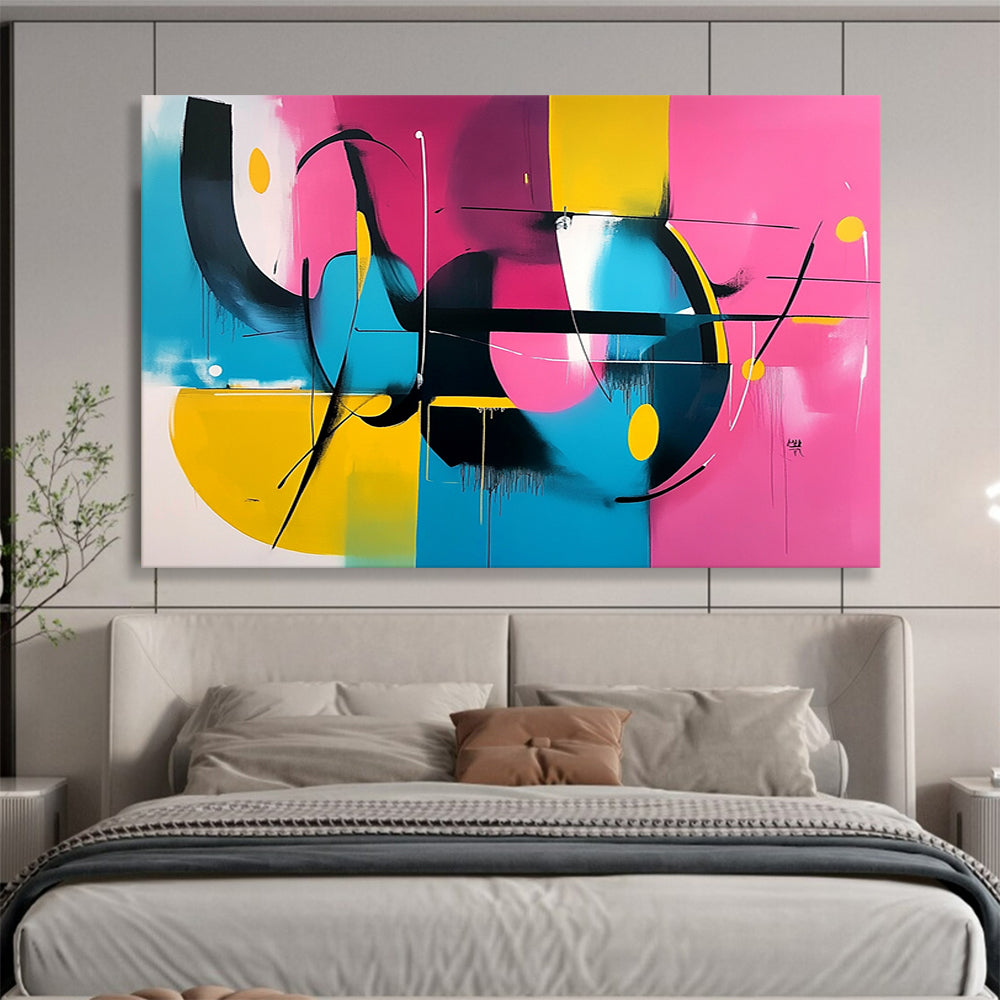 “Vibrant Abstract Composition” - Pink, yellow, blue, black; Abstract composition with dynamic lines; Acrylic Painting On Canvas HB1273
