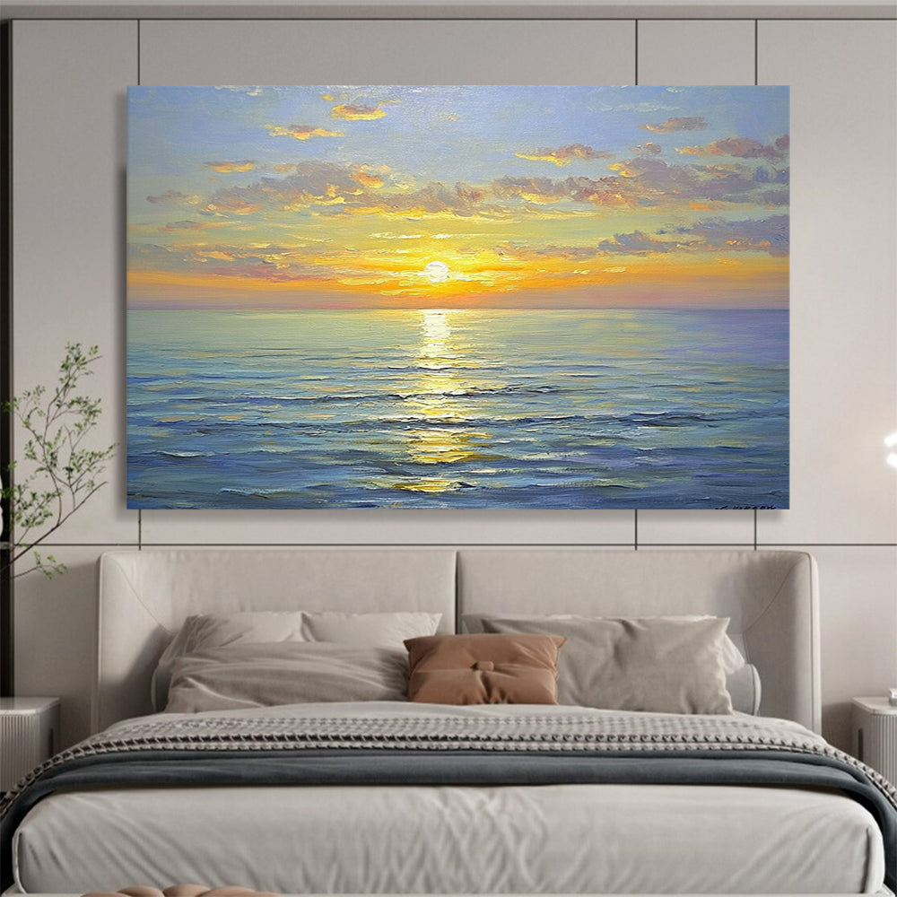 “Sunny Sea Sunset” - Bright Yellows, Oranges, Pinks, Blues, Colorful Ocean Sunset - Oil Painting HB1610