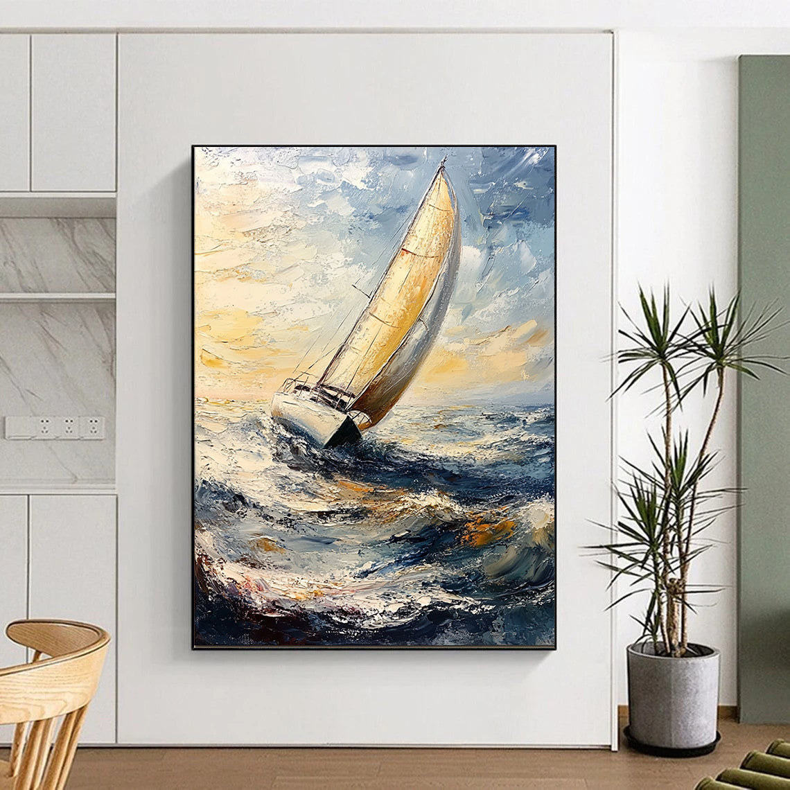 Contemporary impasto artwork depicting graceful sailboats under clear skies, featuring thick brush strokes and canvas texture, ideal for enhancing any space. DLZ1269