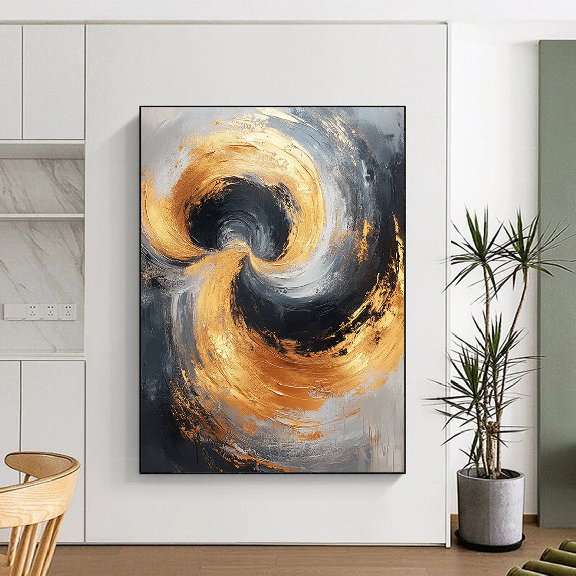 Contemporary abstract painting featuring gray and gold tones large brush strokes and balanced composition for a modern elegant ambiance. DLZ0708